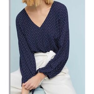 Maeve by Anthropologie Navy Blue Polka Dot V-Neck Tie Cuff Rayon Blouse Medium